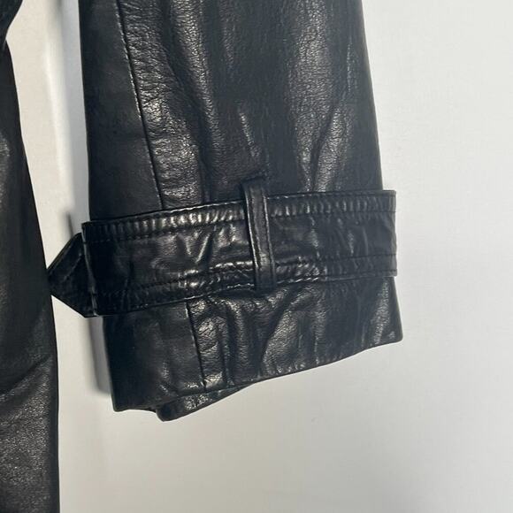 Vintage 90s Saxony Black Leather Oversized Belted Mid Trench Coat Jacket Women - Picture 6 of 16